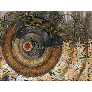 Mudassar Ali, Surah Al Adiyat, 18 x 24 Inch, Oil on Canvas, Calligraphy Painting, AC-MSA-079